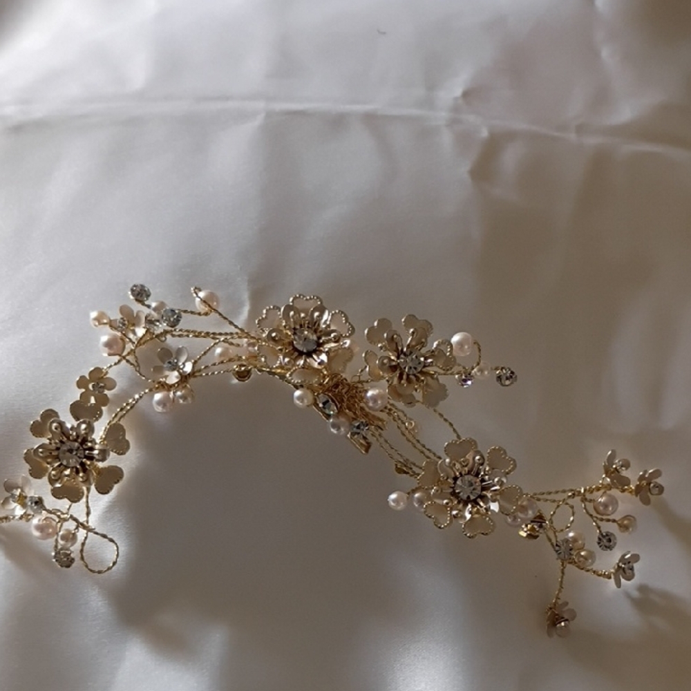 Gold Floral Pearl and Crystal Bridal Hair Vine